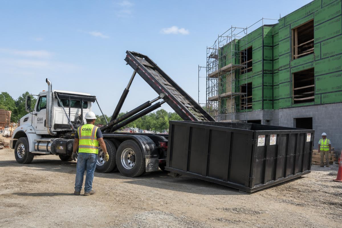 Marshallzo Co. driver positioning a roll-off container